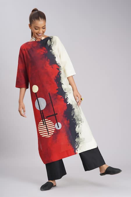 Taika By Poonam Bhagat_Multi Color Silk Embroidery, Foil Printing Red Brick Road Abstract Art Tunic _Online_at_Aza_Fashions