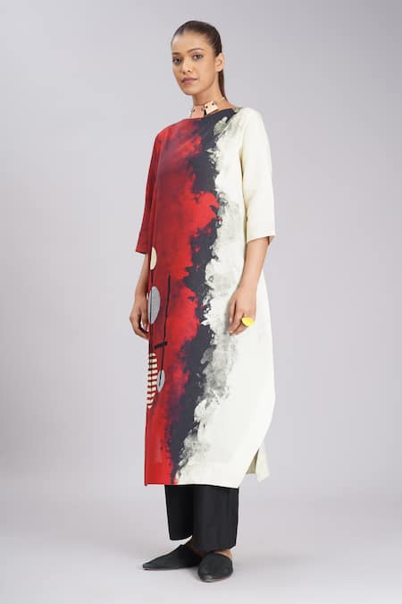 Buy_Taika By Poonam Bhagat_Multi Color Silk Embroidery, Foil Printing Red Brick Road Abstract Art Tunic _Online_at_Aza_Fashions