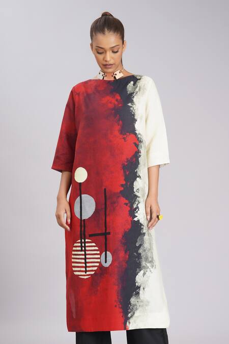 Shop_Taika By Poonam Bhagat_Multi Color Silk Embroidery, Foil Printing Red Brick Road Abstract Art Tunic _Online_at_Aza_Fashions