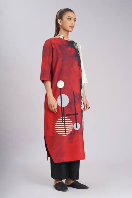Taika By Poonam Bhagat_Multi Color Silk Embroidery, Foil Printing Red Brick Road Abstract Art Tunic _at_Aza_Fashions
