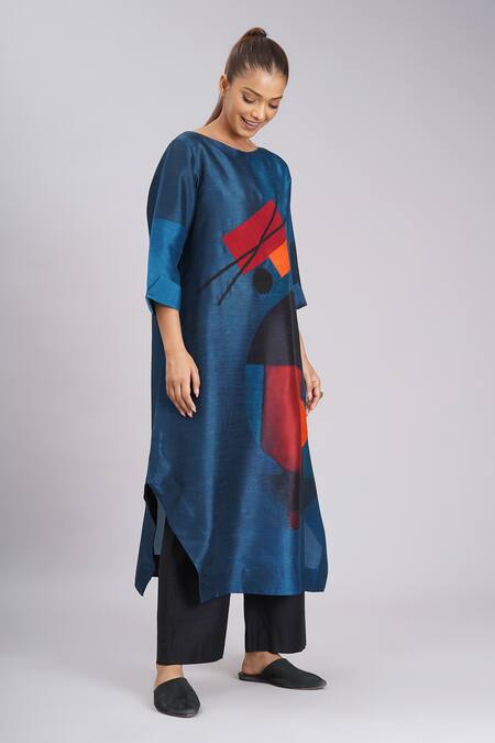 Shop_Taika By Poonam Bhagat_Multi Color Silk Embroidery, Foil Printing Boat Neck Twilight Printed Tunic _Online_at_Aza_Fashions