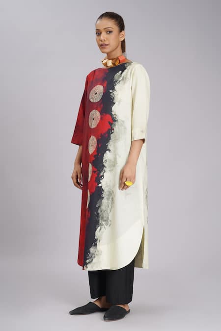 Taika By Poonam Bhagat_Multi Color Silk Embroidery Boat Neck Red Tiger Abstract Art Inspired Tunic _Online_at_Aza_Fashions