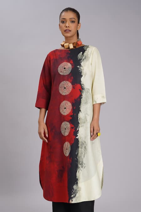 Shop_Taika By Poonam Bhagat_Multi Color Silk Embroidery Boat Neck Red Tiger Abstract Art Inspired Tunic _Online_at_Aza_Fashions