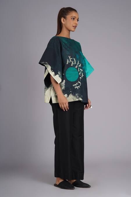 Taika By Poonam Bhagat_Multi Color Silk Embroidery Boat Neck Teal Sky Printed Tunic _Online_at_Aza_Fashions
