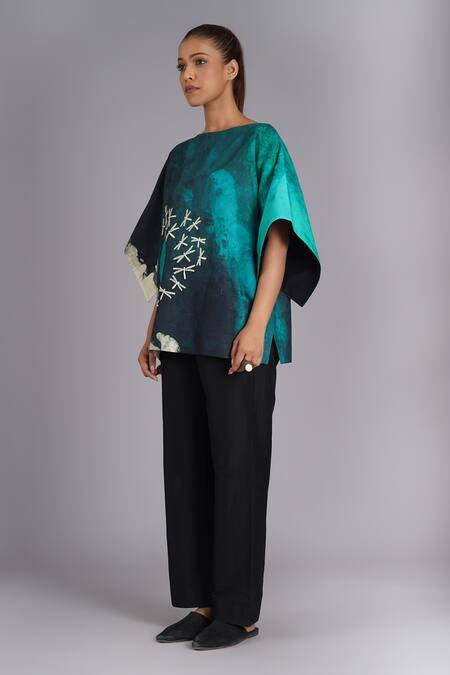 Shop_Taika By Poonam Bhagat_Multi Color Silk Embroidery Boat Neck Teal Sky Printed Tunic _Online_at_Aza_Fashions