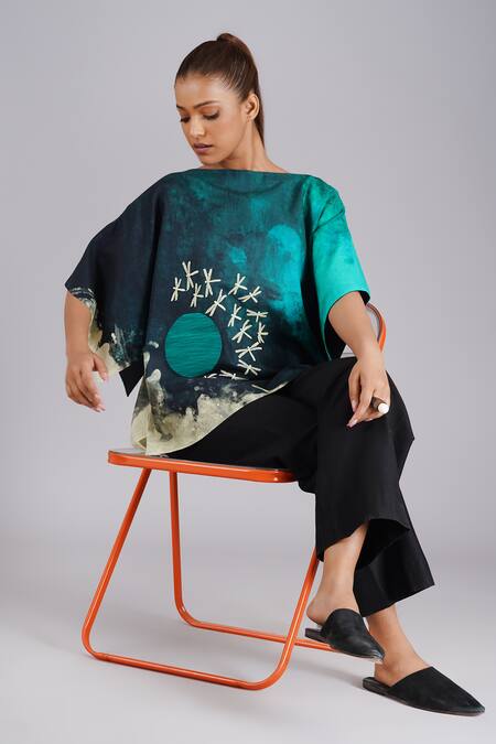 Taika By Poonam Bhagat_Multi Color Silk Embroidery Boat Neck Teal Sky Printed Tunic _at_Aza_Fashions