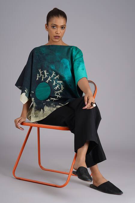 Buy_Taika By Poonam Bhagat_Multi Color Silk Embroidery Boat Neck Teal Sky Printed Tunic 