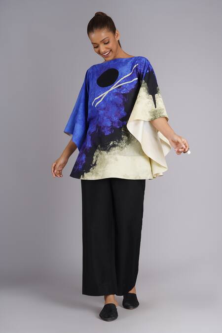 Taika By Poonam Bhagat_Multi Color Silk Embroidery Round Neck Abstract Art Printed Blue Sky Top _Online_at_Aza_Fashions