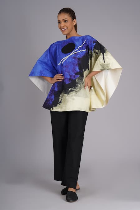 Taika By Poonam Bhagat Multi Color Silk Embroidery Round Neck Abstract Art Printed Blue Sky Top 