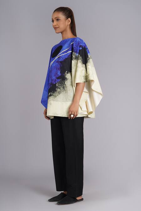 Buy_Taika By Poonam Bhagat_Multi Color Silk Embroidery Round Neck Abstract Art Printed Blue Sky Top _Online_at_Aza_Fashions