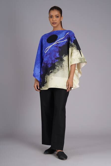 Shop_Taika By Poonam Bhagat_Multi Color Silk Embroidery Round Neck Abstract Art Printed Blue Sky Top _Online_at_Aza_Fashions