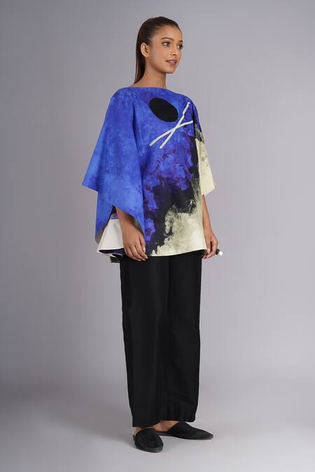Taika By Poonam Bhagat_Multi Color Silk Embroidery Round Neck Abstract Art Printed Blue Sky Top _at_Aza_Fashions