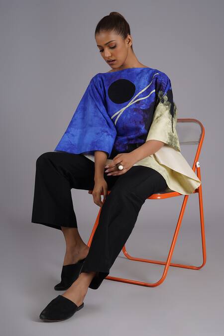 Buy_Taika By Poonam Bhagat_Multi Color Silk Embroidery Round Neck Abstract Art Printed Blue Sky Top 