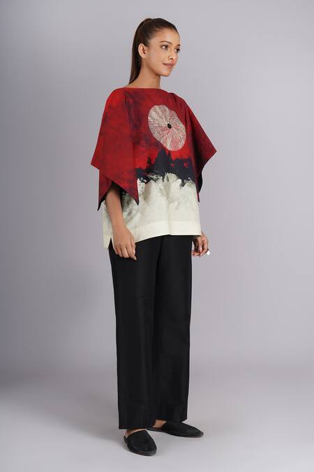 Taika By Poonam Bhagat_Multi Color Silk Embroidery Boat Neck Brick Abstract Art Inspired Top _Online_at_Aza_Fashions