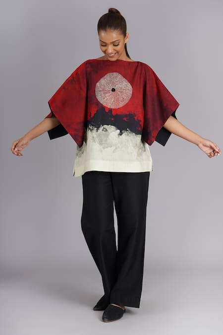 Buy_Taika By Poonam Bhagat_Multi Color Silk Embroidery Boat Neck Brick Abstract Art Inspired Top _Online_at_Aza_Fashions