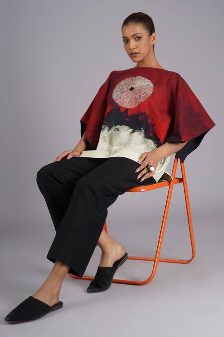 Shop_Taika By Poonam Bhagat_Multi Color Silk Embroidery Boat Neck Brick Abstract Art Inspired Top _Online_at_Aza_Fashions
