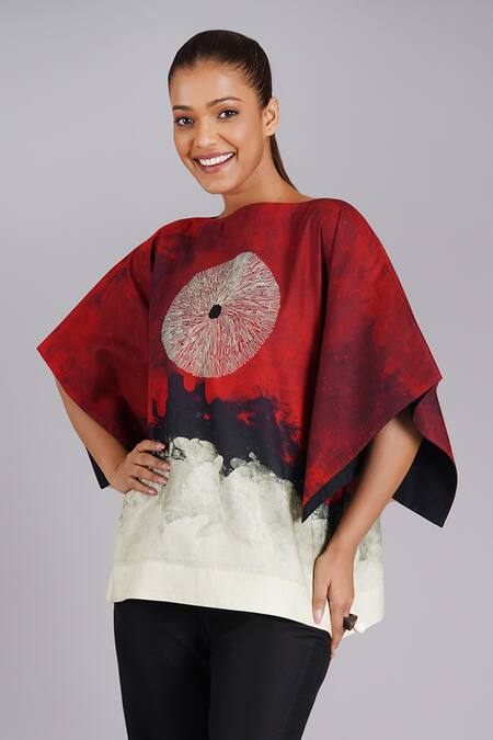 Taika By Poonam Bhagat_Multi Color Silk Embroidery Boat Neck Brick Abstract Art Inspired Top _at_Aza_Fashions