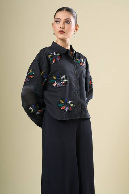 Buy_Afew By Rahul Mishra_Black Embroidery Collared Shirt _Online_at_Aza_Fashions