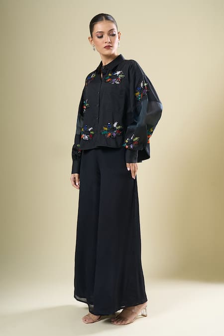 Shop_Afew By Rahul Mishra_Black Embroidery Collared Shirt _Online_at_Aza_Fashions