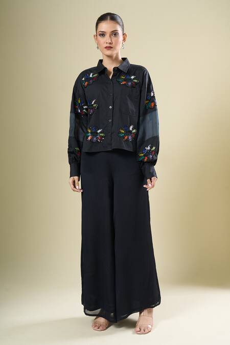 Afew By Rahul Mishra_Black Embroidery Collared Shirt _at_Aza_Fashions