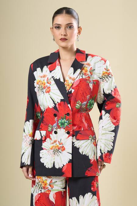 Buy_Afew By Rahul Mishra_Multi Color Floral Print Blazer And Trouser Set 