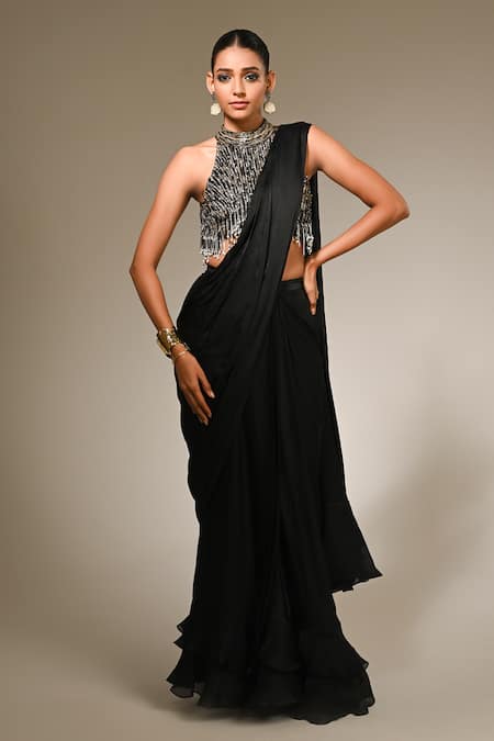 COUTURE BY NIHARIKA Black Satin Organza Pre-Draped Saree Set 
