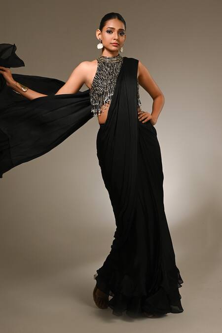 Buy_COUTURE BY NIHARIKA_Black Satin, Georgette, Organza, Viscose Beads, Sequins Pre-draped Saree Set _Online_at_Aza_Fashions