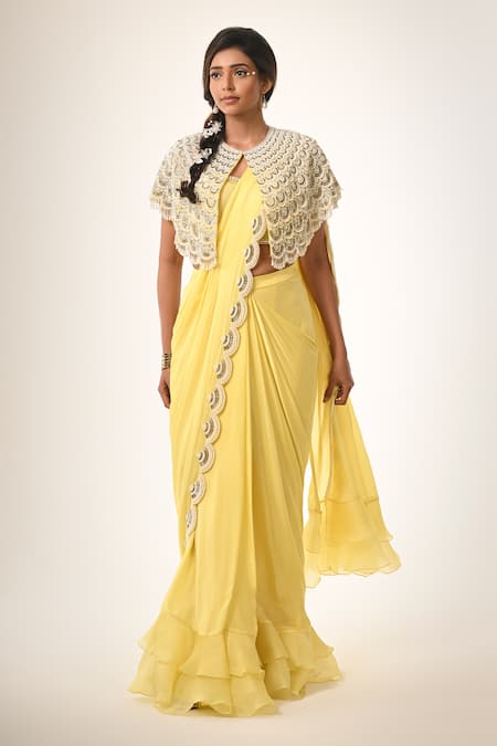 COUTURE BY NIHARIKA Yellow Organza & Satin Georgette Saree Set 