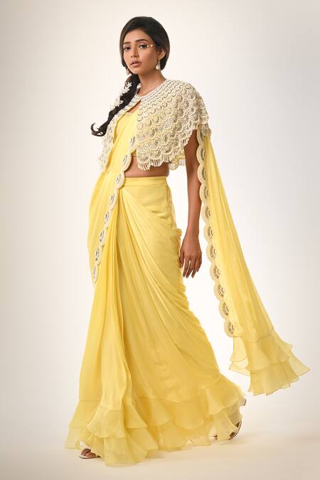 COUTURE BY NIHARIKA Yellow Organza, Satin, Georgette Round Neck And Saree Set Online at Aza Fashions COUTURE BY NIHARIKA_Yellow Organza, Satin, Georgette Round Neck And Saree Set _Online_at_Aza_Fashions