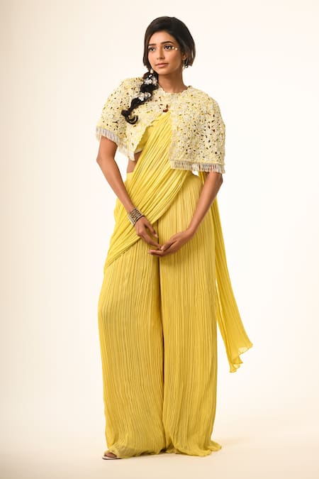 COUTURE BY NIHARIKA Yellow Organza & Georgette Draped Saree Set 