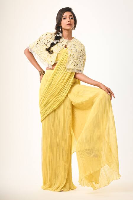 COUTURE BY NIHARIKA_Yellow Organza, Georgette, Viscose Round Neck And Draped Saree Set _Online_at_Aza_Fashions