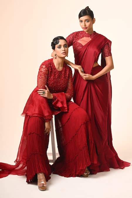 COUTURE BY NIHARIKA_Red Organza, Satin, Georgette Embroidery High Neck Designer Pre-draped Saree Set _Online_at_Aza_Fashions