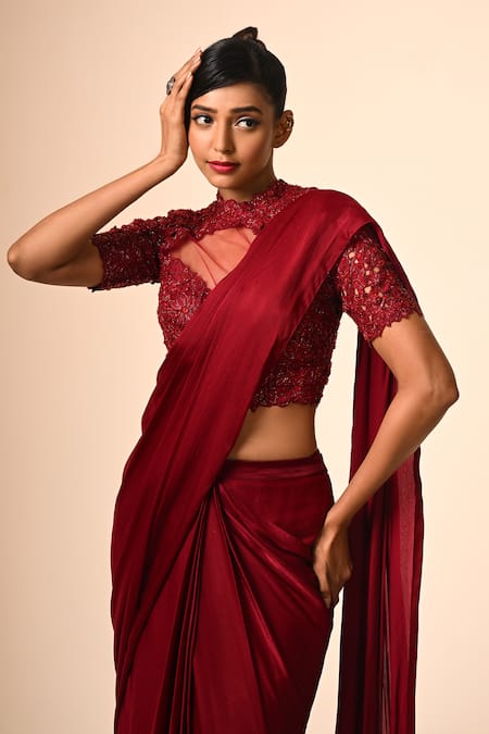 Buy_COUTURE BY NIHARIKA_Red Organza, Satin, Georgette Embroidery High Neck Designer Pre-draped Saree Set _Online_at_Aza_Fashions
