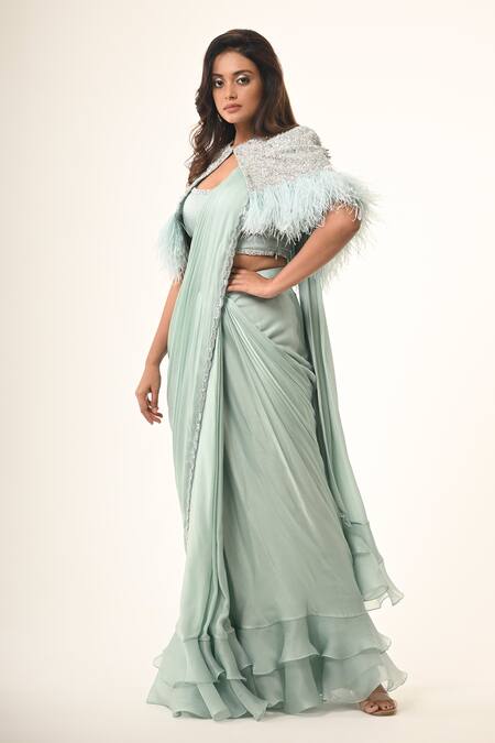 COUTURE BY NIHARIKA Blue Georgette, Satin, Viscose Sequins, Beads Round Powder Pre-draped Saree Set Online at Aza Fashions COUTURE BY NIHARIKA_Blue Georgette, Satin, Viscose Sequins, Beads Round Powder Pre-draped Saree Set _Online_at_Aza_Fashions