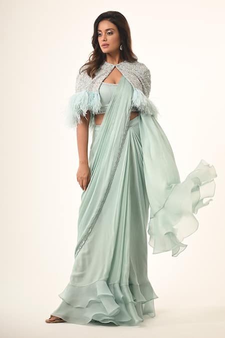 COUTURE BY NIHARIKA Powder Blue Pre-Draped Saree Set 