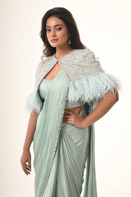 Buy_COUTURE BY NIHARIKA_Blue Georgette, Satin, Viscose Sequins, Beads Round Powder Pre-draped Saree Set _Online_at_Aza_Fashions