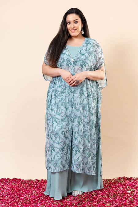 Mamicha_Green Chiffon V-neck Cyan-green Sparkle Overlay Set_Online_at_Aza_Fashions