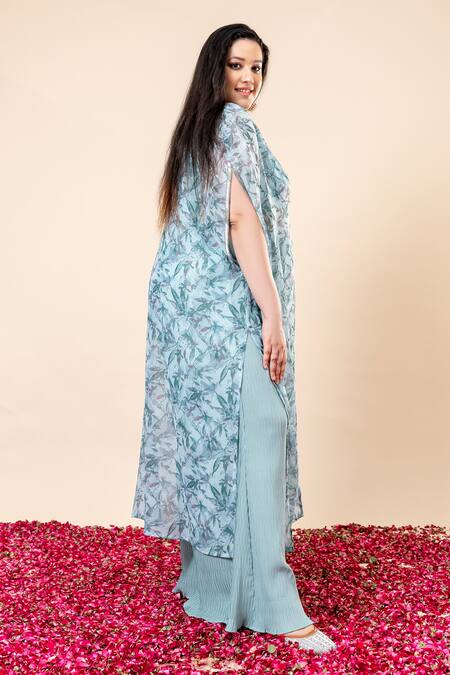 Shop_Mamicha_Green Chiffon V-neck Cyan-green Sparkle Overlay Set_Online_at_Aza_Fashions