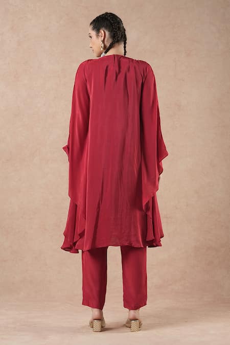 Dori & CO. Ruby Red Silk Crepe Kurta & Pants Set 