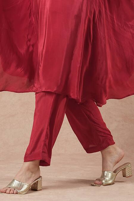 Dori & CO._Red Embroidery Round Neck Ruby Silk Crepe Kurta And Pants Set _at_Aza_Fashions