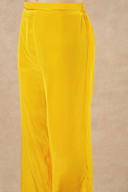 Shop_Dori & CO._Yellow Embroidery V-neck Golden Silk Crepe Kurta And Pants Set _Online_at_Aza_Fashions
