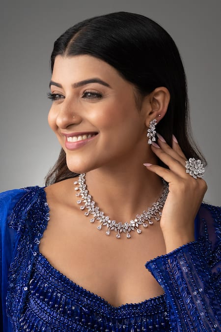 Prihan Luxury Jewelry Rhodium Plated White Necklace & Earring Set 