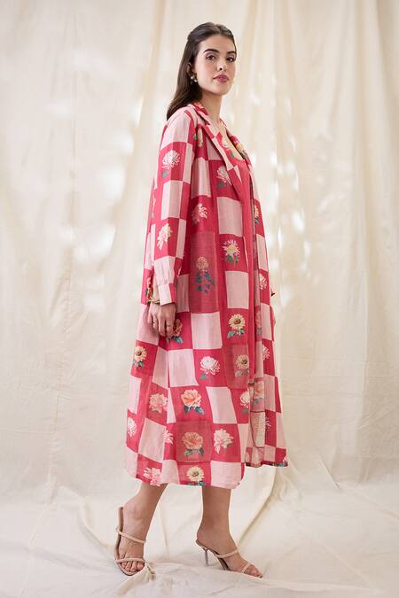 Soup By Sougat Paul_Pink Cotton, Net Embroidery Collared Ravya Dress With Embellished Jacket _Online_at_Aza_Fashions