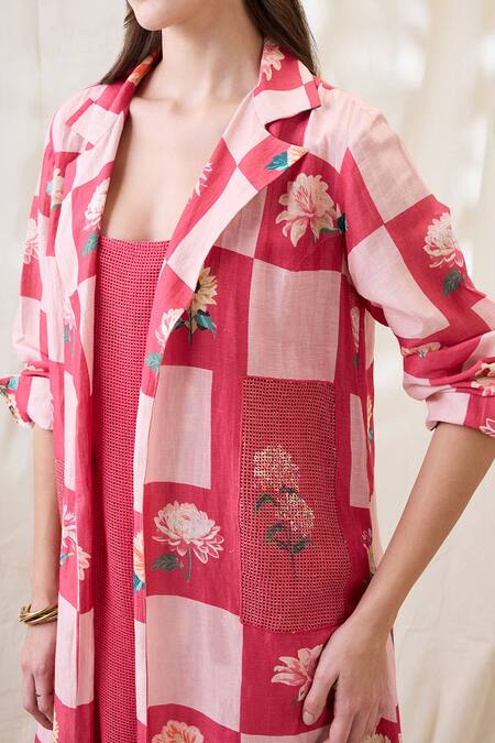 Soup By Sougat Paul_Pink Cotton, Net Embroidery Collared Ravya Dress With Embellished Jacket _at_Aza_Fashions