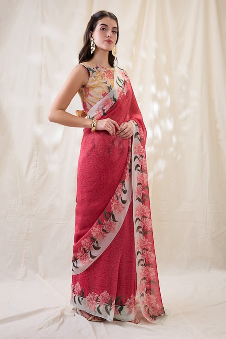 Shop_Soup By Sougat Paul_Pink Organza, Cotton, Net Embroidery Round Embellished Pre-stitched Saree Set _Online_at_Aza_Fashions