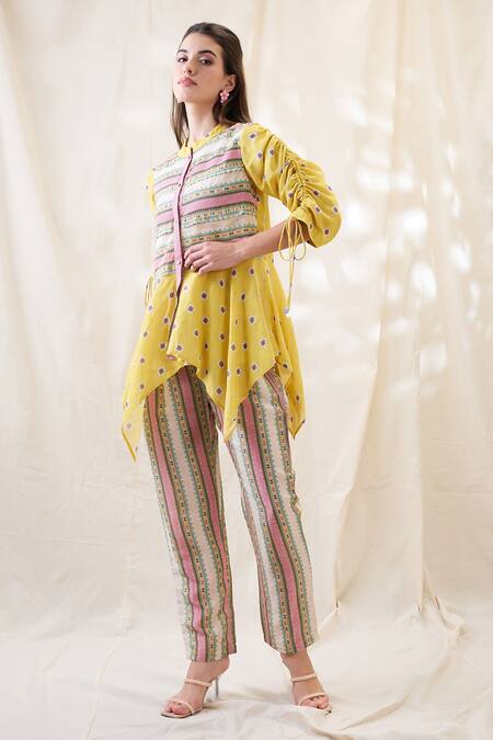 Buy_Soup By Sougat Paul_Yellow Linen Embroidery Round Neck Printed Handkerchief Top With Pants _Online_at_Aza_Fashions