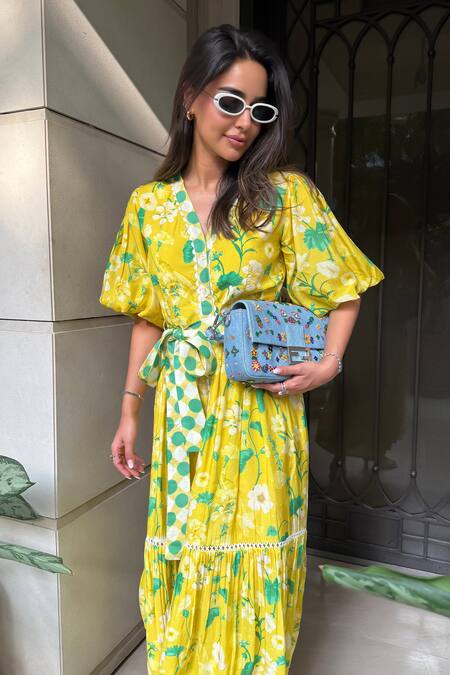 Shop_Surabhi Arya_Yellow Muslin V-neck Lemon Dress With Belt 