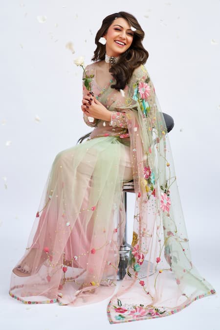 Show Shaa Green Net, Crepe Beads, Tassels, Embroidery Sweetheart Neck Saree With Blouse 