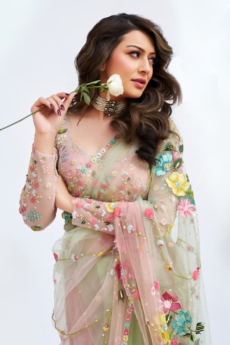 Show Shaa_Green Net, Crepe Beads, Tassels, Embroidery Sweetheart Neck Saree With Blouse _at_Aza_Fashions