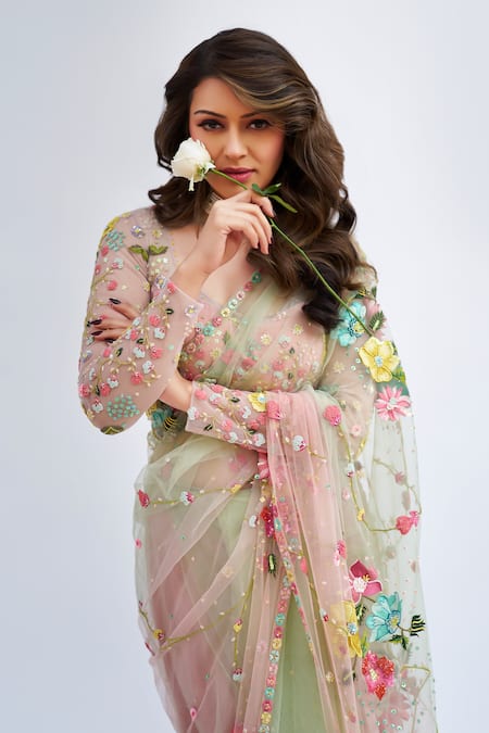 Shop_Show Shaa_Green Net, Crepe Beads, Tassels, Embroidery Sweetheart Neck Saree With Blouse 